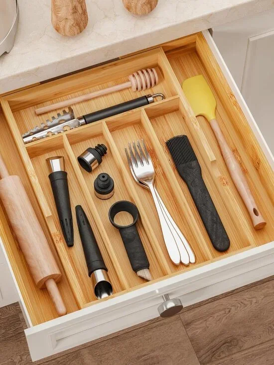 Bamboo Expandable Drawer Organizer, 5-7 Slots Kitchen Drawer Organizer, Adjustab - Picture 2 of 7